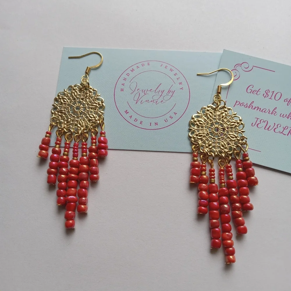 Hand Crafted Gold and Orange Beaded Earrings - Picture 2 of 6